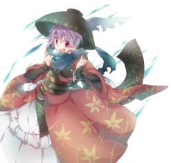 Rule 34 | 1girl, :d, armor, bowl, bowl hat, breastplate, chest plate, dress, fingernails, floral print, gauntlets, gesture, hands up, hat, japanese clothes, kimono, leaf print, looking at viewer, muneate, open mouth, pink eyes, purple hair, round teeth, scarf, simple background, smile, solo, standing, sukuna shinmyoumaru, teeth, torn clothes, toropp, touhou, white background, white dress