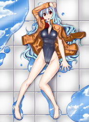 Rule 34 | 1girl, ahoge, arm up, barefoot, blue hair, cloud, day, hand on forehead, highleg, highleg swimsuit, highres, jacket, kawajuu, legs, long hair, lying, on back, on floor, one-piece swimsuit, original, puddle, red eyes, reflection, sky, solo, swimsuit, swimsuit under clothes, wet