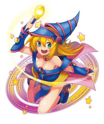 Rule 34 | 1girl, :d, absurdres, arm up, armpit peek, bare legs, bare shoulders, blonde hair, blue dress, blue footwear, blue hat, blush, blush stickers, boots, breasts, capelet, choker, cleavage, collarbone, dark magician girl, daruma-san (daruma va), dress, duel monster, female focus, flying, full body, gem, glowing, glowing weapon, green eyes, hair between eyes, happy, hat, highres, holding, holding wand, knee boots, large breasts, legs, light trail, long hair, looking at viewer, looking up, magic circle, magical girl, off-shoulder dress, off shoulder, open mouth, outstretched arm, outstretched hand, pentacle, pentagram, pink skirt, red gemstone, round teeth, shiny skin, showgirl skirt, simple background, skirt, smile, solo, sparkle, star (symbol), teeth, vambraces, wand, weapon, white background, wizard hat, yu-gi-oh!, yu-gi-oh! duel monsters