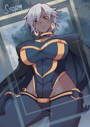 Rule 34 | 1girl, artist name, black cape, breasts, brown eyes, butter sugoi, cape, character name, commentary, dark-skinned female, dark skin, earrings, from below, grey hair, groin, hand on own hip, hand on own thigh, highres, hip vent, jewelry, large breasts, marvel, o-ring, pink lips, short hair, solo, storm (x-men), very dark skin, x-men