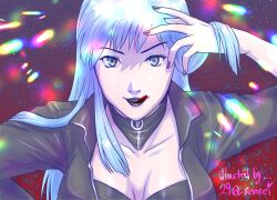 Rule 34 | 1girl, 29qsensei, blue eyes, blue hair, breasts, collar, collarbone, devil summoner, highres, large breasts, lipstick, long hair, looking at viewer, makeup, nail polish, nemissa, open mouth, pale skin, smile, solo, soul hackers