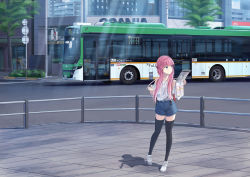 Rule 34 | 1girl, black thighhighs, blue eyes, blue shorts, blunt bangs, building, bus, bush, city, commentary request, fence, highres, holding, holding paper, long hair, motor vehicle, original, paper, pink hair, png pant (bus), road, road sign, shadow, shoes, shorts, sign, sneakers, solo, standing, street, thighhighs, tile floor, tiles, traffic light, tree, white footwear