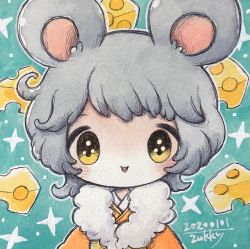 Rule 34 | 1girl, animal ears, blush, cheese, chinese zodiac, dated, food, grey hair, highres, medium hair, mouse ears, new year, no nose, original, outline, signature, solo, upper body, white outline, year of the rat, yellow eyes, zukky000