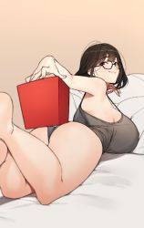Rule 34 | 1girl, ass, bare shoulders, barefoot, bed sheet, black-framed eyewear, blouse, blush, box, breasts, brown eyes, brown hair, closed mouth, commentary, fingernails, from behind, glasses, grey shirt, indoors, k52, large breasts, legs, lips, looking at viewer, looking back, lying, on stomach, original, pillow, shirt, sleeveless, sleeveless shirt, smile, solo, symbol-only commentary