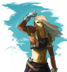 Rule 34 | 1girl, belt, chickenbudget, collarbone, cowboy shot, expressionless, floating hair, gensou suikoden, gensou suikoden iv, gloves, holster, jacket, jewelry, kika, kika (suikoden), konami, long sleeves, navel, necklace, open clothes, open jacket, pendant, pirate, short hair, silver hair, solo, sunlight, tank top, wind