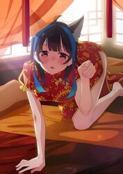 Rule 34 | 1girl, ahoge, all fours, animal ears, bed, black hair, blue hair, blush, breasts, cat ears, china dress, chinese clothes, dress, fake animal ears, gradient hair, highres, kanojo okarishimasu, medium breasts, multicolored hair, official art, parted lips, red dress, red eyes, sidelocks, streaked hair, thighs, yaemori mini