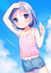 Rule 34 | 1girl, :o, arm up, bare arms, bare shoulders, blue shorts, blue sky, blush, bottle, breasts, camisole, cloud, collarbone, commentary request, cowboy shot, day, denim, denim shorts, hair ornament, hairclip, heart, holding, holding bottle, looking at viewer, midriff, original, outdoors, panties, panty peek, parted lips, pink camisole, pink panties, plaid, purple eyes, purple hair, shading eyes, short shorts, shorts, sky, sleeveless, small breasts, solo, sweat, tareme, unbuttoned, underwear, usashiro mani