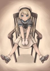 Rule 34 | 1girl, blonde hair, blue eyes, blue sailor collar, chair, dress, full body, gloves, hat, highres, jervis (kancolle), kantai collection, long hair, looking at viewer, mary janes, miyasutou, sailor collar, sailor dress, sailor hat, shoes, short sleeves, sitting, smile, solo, white dress, white gloves, white hat