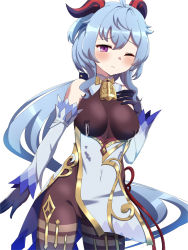 Rule 34 | 1girl, ahoge, bare shoulders, bell, black legwear, black leotard, blue gloves, blue hair, blush, bodystocking, bodysuit, breasts, chinese knot, covered navel, crossco, detached sleeves, flower knot, ganyu (genshin impact), genshin impact, gloves, gold trim, groin, hand on own chest, highres, horns, lactation, lactation through clothes, leotard, leotard under clothes, long hair, looking at viewer, low ponytail, medium breasts, neck bell, one eye closed, purple eyes, sidelocks, solo, standing, tassel, thighlet, wavy mouth, white background, white sleeves