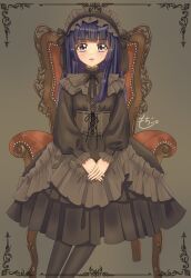 Rule 34 | 1girl, aoki reika, black dress, blue eyes, blue hair, commentary request, dress, frilled dress, frills, goth fashion, gothic lolita, hairband, highres, hime cut, lolita fashion, lolita hairband, long hair, long sleeves, looking at viewer, mochico bb, precure, sitting, smile precure!, solo