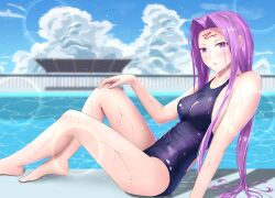 Rule 34 | 1girl, barefoot, chaldea logo, covered navel, facial mark, fate/grand order, fate (series), forehead, forehead mark, highres, long hair, looking at viewer, medusa (fate), medusa (rider) (fate), one-piece swimsuit, pool, poolside, purple eyes, purple hair, sitting, solo, sou skate714, swimsuit, wet