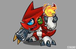 blue_eyes chibi colored_skin digimon digimon_(creature) dragon fire full_body holding holding_microphone microphone red_skin shoutmon simple_background sinobali smirk solo standing white_background