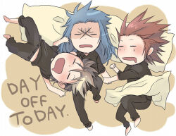 Rule 34 | 3boys, angry, annoyed, arms up, axel (kingdom hearts), barefoot, black pants, black shirt, blanket, blue hair, brown hair, chibi, closed eyes, commentary request, cross scar, demyx, dot nose, english text, full body, furrowed brow, head on pillow, holding hands, kingdom hearts, kingdom hearts 358/2 days, kingdom hearts ii, knee up, long hair, lying, male focus, midriff peek, minatoya mozuku, multiple boys, on back, on side, open mouth, orange background, organization xiii, pants, pillow, red hair, saix, saliva, scar, scar on face, shirt, short hair, sleeping, spiked hair, under covers, v-neck