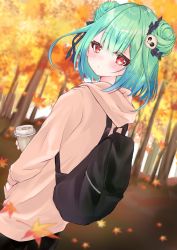 Rule 34 | 1girl, absurdres, alternate costume, autumn, autumn leaves, backpack, bag, beige hoodie, blush, closed mouth, cowboy shot, cup, disposable cup, dot mouth, dot nose, double bun, dutch angle, from behind, from side, gradient hair, green hair, hair bun, hair ornament, hair ribbon, hand in pocket, highres, holding, holding cup, hololive, hood, hoodie, looking back, looking to the side, medium hair, moizumi shipon, multicolored hair, parted lips, red eyes, ribbon, skull hair ornament, solo, uruha rushia, virtual youtuber