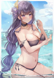 Rule 34 | 1girl, bare shoulders, bikini, blush, braid, breasts, choker, cleavage, closed mouth, collarbone, genshin impact, hair ornament, highres, large breasts, long hair, low-braided long hair, low-tied long hair, maruro, navel, outdoors, partially submerged, purple bikini, purple choker, purple eyes, purple hair, raiden shogun, solo, swimsuit, thighs, water