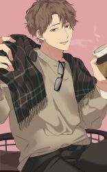 Rule 34 | 1boy, black-framed eyewear, black pants, brown hair, brown sweater, coffee cup, commentary request, cool doji danshi, cup, disposable cup, fingernails, highres, holding, holding clothes, holding cup, holding scarf, looking at viewer, male focus, mima takayuki, open mouth, pants, partial commentary, scarf, short hair, sitting, solo, sweater, zingai sanx