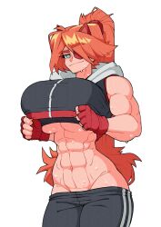 Rule 34 | 1girl, abs, bare shoulders, black pants, black shirt, breasts, clenched hands, clothes pull, collarbone, commentary, cowboy shot, curvy, english commentary, eyepatch, female focus, fingerless gloves, gloves, green eyes, groin, hairband, headgear, highres, hood, hood down, huge breasts, long hair, looking at viewer, messy hair, muscular, muscular female, navel, original, pants, pants pull, ponytail, red gloves, shirt, simple background, smirk, solo, standing, sweat, thick thighs, thighs, toned female, underboob, very long hair, white background, wide hips, zess (zesty jesus)