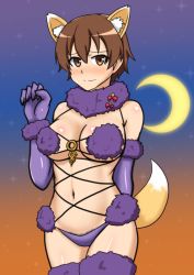 Rule 34 | 1girl, animal ears, arm behind back, bikini, blush, breasts, brown eyes, brown hair, claw pose, cleavage, closed mouth, commentary, cowboy shot, crescent moon, elbow gloves, female pubic hair, fox ears, fox tail, fur-trimmed legwear, fur bikini, fur collar, fur trim, gloves, hachimitsu-b, halloween, halloween costume, katou keiko, large breasts, looking at viewer, moon, navel, official alternate costume, pubic hair, purple bikini, purple gloves, purple thighhighs, short hair, smile, solo, standing, swimsuit, tail, thighhighs, witches of africa, world witches series