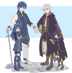 Rule 34 | 2boys, 2girls, aged down, ahoge, black hair, blue eyes, blue hair, blush, book, cape, chrom (fire emblem), falchion (fire emblem), father and daughter, fire emblem, fire emblem awakening, gloves, highres, hood, hooded jacket, itou (very ito), jacket, long hair, lucina (fire emblem), morgan (female) (fire emblem), morgan (fire emblem), multiple boys, multiple girls, nintendo, open mouth, robe, robin (fire emblem), robin (male) (fire emblem), short hair, smile, sword, tiara, weapon, white hair