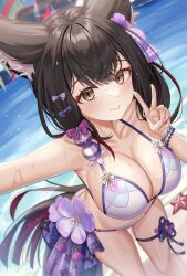 Rule 34 | 1girl, absurdres, animal ears, bead bracelet, beads, bikini, blue archive, bracelet, breasts, brown eyes, brown hair, chisi, cleavage, closed mouth, collarbone, fox ears, hair tie, halo, highres, jewelry, large breasts, long hair, looking at viewer, outdoors, pink nails, purple bikini, red halo, selfie, sidelocks, smile, solo, swimsuit, thigh strap, v, very long hair, wakamo (blue archive), wakamo (swimsuit) (blue archive), wet