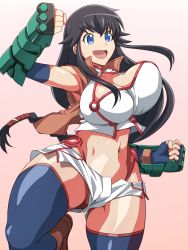 Rule 34 | 10s, 1girl, asymmetrical breasts, black hair, blue eyes, bouncing breasts, breasts, cleavage, curvy, gauntlets, highres, huge breasts, kanami (log horizon), large breasts, log horizon, long hair, low-tied long hair, navel, open mouth, smile, solo, thick thighs, thighs, wide hips, zasshu nigou