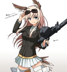 Rule 34 | 1girl, bad id, bad pixiv id, bird tail, black jacket, blue eyes, commentary request, goggles, goggles on head, gradient background, gun, hanna-justina marseille, head wings, highres, ichiren namiro, jacket, light brown hair, long hair, long sleeves, looking at viewer, machine gun, miniskirt, pleated skirt, shirt, skirt, solo, striker unit, tail, weapon, white shirt, white skirt, wings, world witches series