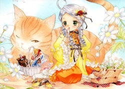 Rule 34 | 00s, 1girl, animal, basket, bird, blanket, blush, bread, candy, cat, chips (food), cookie, drill hair, flower, food, fork, green eyes, hair ornament, kanaria, one eye closed, open mouth, outdoors, picnic, picnic basket, robe, rozen maiden, seiza, silver hair, sitting, snack, socks, solo, twin drills, wink