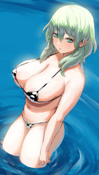 Rule 34 | 1girl, absurdres, animal print, arms at sides, awesomeerix, bikini, breasts, byleth (female) (fire emblem), byleth (fire emblem), cleavage, cow print, enlightened byleth (female), female pubic hair, fire emblem, fire emblem: three houses, from above, green eyes, green hair, green pubic hair, hair between eyes, highres, large breasts, long hair, looking at viewer, micro bikini, navel, nintendo, ocean, open mouth, partially submerged, pubic hair, pubic hair peek, ripples, solo, standing, string bikini, swimsuit