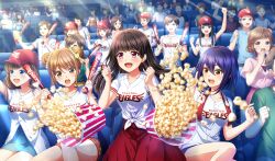 Rule 34 | :d, baseball cap, baseball uniform, black hair, blue shorts, bow, brown eyes, brown hair, brown shorts, cinderella series, clenched hands, double bun, food, game cg, hachigatsu no cinderella nine, hair bow, hair bun, hat, highres, light rays, long hair, looking ahead, nagai kanako, nippon professional baseball, nitta minako, non-web source, official art, open mouth, outdoors, popcorn, purple eyes, purple hair, red skirt, sakagami mei, shirt, short hair, short sleeves, shorts, single sidelock, skirt, smile, sportswear, sunbeam, sunlight, teeth, tied shirt, touhoku rakuten golden eagles, towel, towel around neck, upper teeth only, white shirt, yellow bow