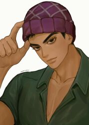 Rule 34 | 1boy, beanie, black eyes, black hair, closed mouth, collarbone, collared shirt, green shirt, guido mista, hand up, hat, highres, jojo no kimyou na bouken, looking at viewer, male focus, on0n, partially unbuttoned, purple hat, shirt, short hair, simple background, solo, tsurime, upper body, vento aureo, white background