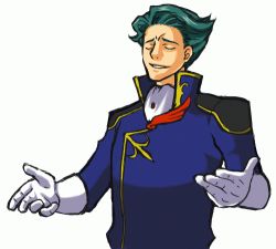 ace_attorney animated animated_gif blue_hair capcom code_geass jeremiah_gottwald lowres male_focus miles_edgeworth parody short_hair simple_background solo white_background yellow_eyes