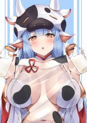 Rule 34 | 1girl, animal ears, animal print, bad id, bad pixiv id, bare shoulders, bikini, blue hair, blush, bottle, breasts, catura (granblue fantasy), cleavage, cow ears, cow girl, cow hat, cow horns, cow print, detached collar, detached sleeves, draph, ear piercing, fake animal ears, granblue fantasy, haido (ryuuno kanzume), hat, highres, horns, large breasts, long hair, looking at viewer, milk bottle, navel, open mouth, piercing, pointy ears, see-through, solo, swimsuit, thighs, white bikini, wide sleeves, yellow eyes