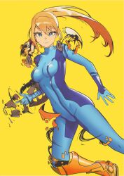 Rule 34 | 1girl, absurdres, blonde hair, blue bodysuit, blue eyes, bodysuit, breasts, bright pupils, closed mouth, disintegration, feet out of frame, hair between eyes, high ponytail, highres, lem, long hair, looking at viewer, medium breasts, metroid, nintendo, samus aran, simple background, skin tight, smile, solo, white pupils, yellow background, zero suit