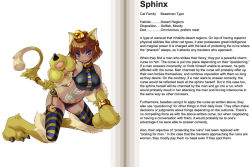 Rule 34 | 1girl, animal ears, animal hands, bare shoulders, barefoot, blue eyes, blush, bracelet, breast padding, brown hair, cat, cat ears, cat tail, character profile, claws, crop top, egyptian, english text, feet, fur, hard-translated, jewelry, kenkou cross, kneeling, licking lips, looking at viewer, midriff, monster girl, monster girl encyclopedia, naughty face, navel, necktie, official art, personification, pointing, short hair, solo, sphinx, sphinx (monster girl encyclopedia), striped clothes, striped thighhighs, tail, tattoo, thighhighs, third-party edit, tongue, tongue out, translated