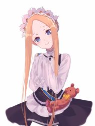 Rule 34 | 1girl, abigail williams (fate), abigail williams (festival outfit) (fate), black skirt, blonde hair, blue eyes, blush, breasts, dress, fate/grand order, fate (series), forehead, heroic spirit festival outfit, highres, keyhole, long hair, long sleeves, looking at viewer, maid headdress, official alternate costume, parted bangs, persimmon2, sash, sidelocks, simple background, skirt, sleeves past fingers, sleeves past wrists, small breasts, smile, stuffed animal, stuffed toy, teddy bear, very long hair, white background, white dress