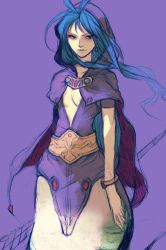 Rule 34 | 1girl, blue hair, bracelet, breasts, breath of fire, breath of fire i, cape, closed mouth, deis, highres, hood, jewelry, kannoaki, lamia, long hair, looking at viewer, monster girl, simple background, small breasts, solo, staff