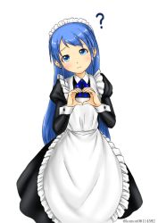 Rule 34 | 1girl, ?, alternate costume, apron, black dress, blue eyes, blue hair, blue neckerchief, blush, collared shirt, dress, enmaided, frilled apron, frills, gradient hair, hair between eyes, heart, heart hands, kantai collection, kudou (ooabareteng), long sleeves, maid, maid apron, maid headdress, multicolored hair, neckerchief, puffy long sleeves, puffy sleeves, samidare (kancolle), shirt, simple background, solo, twitter username, white apron, white background