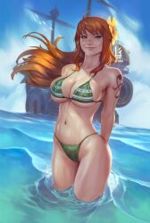 Rule 34 | 1girl, alternate costume, arm tattoo, arms behind back, ass, bare shoulders, blue sky, breasts, brown eyes, collarbone, flower, flower on head, freckles, g21mm, highres, large breasts, long hair, nami (one piece), navel, ocean, one piece, orange hair, ship, sky, swimsuit, tattoo, timeskip nami, upper body, water, watercraft