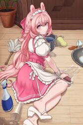 Rule 34 | 1girl, absurdres, ahoge, animal ears, apron, bottle, bow, braid, bucket, bucket of water, closed mouth, cup, efreezerarts, feet, frilled apron, frilled skirt, frills, hair bow, highres, ice, ice cube, long hair, maid, maid headdress, on floor, phase connect, pink bow, pink eyes, pink hair, pink skirt, pipkin pippa, plant, plate, potted plant, rabbit ears, rabbit girl, rabbit tail, second-party source, short sleeves, skirt, solo, spill, sponge, spray bottle, tail, teacup, tray, virtual youtuber, water, white apron, white footwear, white wrist cuffs, wooden floor, wrist cuffs