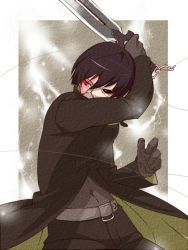 Rule 34 | 1boy, coat, darker than black, electricity, gloves, gradient background, hei (darker than black), kmtn, knife, male focus, mask, solo, trench coat, weapon, wire