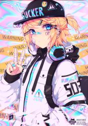 Rule 34 | 1girl, :&lt;, backpack, bad id, bad pixiv id, bag, bandages, bandaid, bandaid on cheek, bandaid on face, bandaid on hand, bandaid on nose, baseball cap, black headwear, black nails, blonde hair, blue eyes, buckle, caution tape, ear piercing, emoji, english text, fingernails, hair ornament, hairclip, hat, headphones, headphones around neck, hood, hood down, hoodie, iridescent, kagamine rin, mazamuno, nail polish, number tattoo, piercing, pocket, safety pin, short hair, short ponytail, sign, simple background, sleeves past wrists, smiley face, snap-fit buckle, tattoo, v, vocaloid, warning sign, watermark, white hoodie, x hair ornament