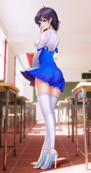 Rule 34 | 1girl, absurdres, ass, black eyes, black hair, blurry, book, breasts, chair, chalkboard, classroom, dark 0714, depth of field, desk, from behind, full body, high heels, highres, holding, holding book, indoors, long hair, medium breasts, original, parted lips, school chair, school desk, solo, strap slip, thighhighs, white thighhighs