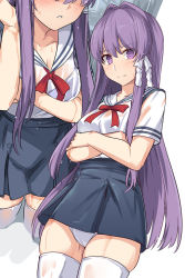 Rule 34 | 1girl, black skirt, blush, breasts, clannad, cleavage, commentary request, frown, fujibayashi kyou, hair intakes, long hair, looking at viewer, medium breasts, multiple views, parted lips, purple eyes, purple hair, red ribbon, ribbon, see-through, shaded face, shirt, shiseki hirame, simple background, skirt, thighhighs, wet, wet clothes, white background, white ribbon, white shirt, white thighhighs