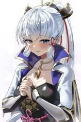 Rule 34 | 1girl, armor, ayaka (genshin impact), blue eyes, blue shirt, blush, breastplate, commentary request, genshin impact, grey hair, hand on own hip, highres, janome yuiwa, long hair, looking at viewer, ponytail, shirt, short sleeves, sidelocks, simple background, smile, solo, upper body, very long hair, white background
