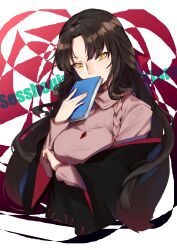 Rule 34 | 1girl, absurdres, arm under breasts, black hair, black jacket, book, breasts, character name, covered mouth, covering own mouth, cropped torso, fate/empire of dirt, fate (series), gem, hair ribbon, hand up, highres, holding, holding book, iiiroha, jacket, jacket partially removed, jewelry, large breasts, long hair, long sleeves, looking at viewer, necklace, parted bangs, pink sweater, red gemstone, red ribbon, ribbon, sessyoin kiara, solo, sweater, yellow eyes