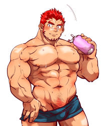 Rule 34 | 1boy, abs, akashi (live a hero), alternate costume, bara, blue shorts, blush, bulge, clothes pull, dolphin shorts, facial hair, feet out of frame, goatee, gradient hair, highres, holding, kizami nori to yamaimo, large pectorals, live a hero, long sideburns, male focus, multicolored hair, muscular, muscular male, navel, navel hair, nipples, no male underwear, pectorals, pubic hair, pubic hair peek, pulling own clothes, red eyes, red hair, short hair, shorts, shorts pull, sideburns, smile, solo, stomach, sweat, thick eyebrows, thick thighs, thighs, topless male