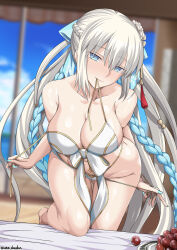 Rule 34 | 1girl, bare shoulders, bikini, bikini bottom pull, blue eyes, blue hair, blue nails, braid, breasts, cleavage, collarbone, fate/grand order, fate (series), flower, french braid, gluteal fold, gold trim, hair flower, hair ornament, hair ribbon, highres, large breasts, long hair, looking at viewer, morgan le fay (fate), morgan le fay (water princess) (fate), mouth hold, nail polish, naughty face, ponytail, pulling own clothes, ribbon, sidelocks, smile, solo, swimsuit, thigh gap, thighs, twin braids, unadon, undone bikini, very long hair, white bikini, white hair
