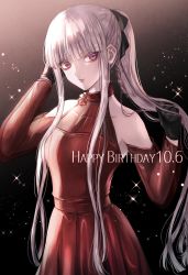 Rule 34 | 1girl, bare shoulders, black bow, black gloves, blunt bangs, bow, braid, covered collarbone, danganronpa: trigger happy havoc, danganronpa (series), danganronpa 10th anniversary costume, dated, dress, gloves, gradient background, grey background, hair bow, hands up, happy birthday, highres, kirigiri kyoko, long hair, looking at viewer, official alternate costume, pink eyes, ponytail, red dress, sidelocks, solo, sparkle, sparkle background, z-epto (chat-noir86)