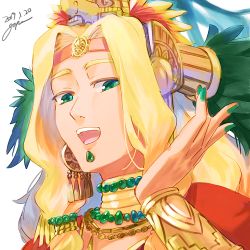 Rule 34 | 1girl, aztec, blonde hair, bracer, chin piercing, earrings, fate/grand order, fate (series), gem, gold, gold necklace, goya (xalbino), green eyes, green gemstone, hair ornament, headband, headdress, jewelry, long hair, looking at viewer, nail polish, necklace, open mouth, portrait, quetzalcoatl (fate), smile, solo, upper body, white background