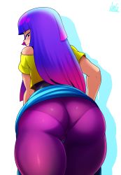 Rule 34 | 1girl, absurdres, ass, bent over, black eyes, blue skirt, blunt bangs, blush, from behind, glitch techs, gradient hair, highres, hime cut, jmg, miko kubota, multicolored hair, nickelodeon, panties, panties under pantyhose, pantyhose, pantylines, pink hair, purple hair, purple pantyhose, shirt, skirt, solo, t-shirt, thick thighs, thigh gap, thighs, two-tone hair, underwear, upskirt, yellow shirt